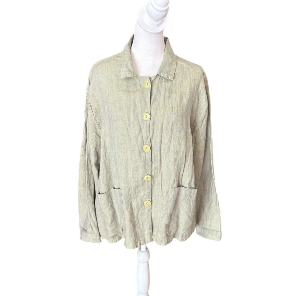 Flax Linen Jacket Button Front Collared Sage Gree… - image 1